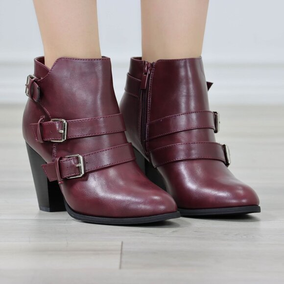 Ankle Boots Block Cone Heel Synthetic Leather Wine Almond Toe Buckles Zipper - Picture 9 of 12
